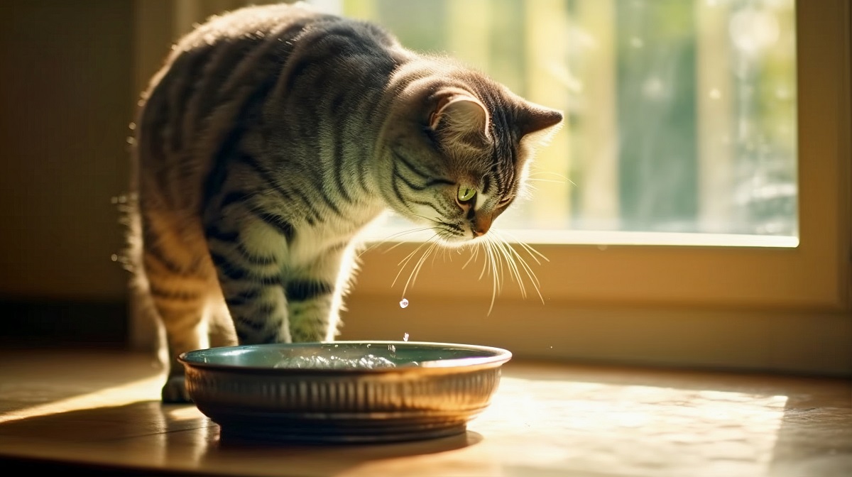 Gato olhando seu pote de água